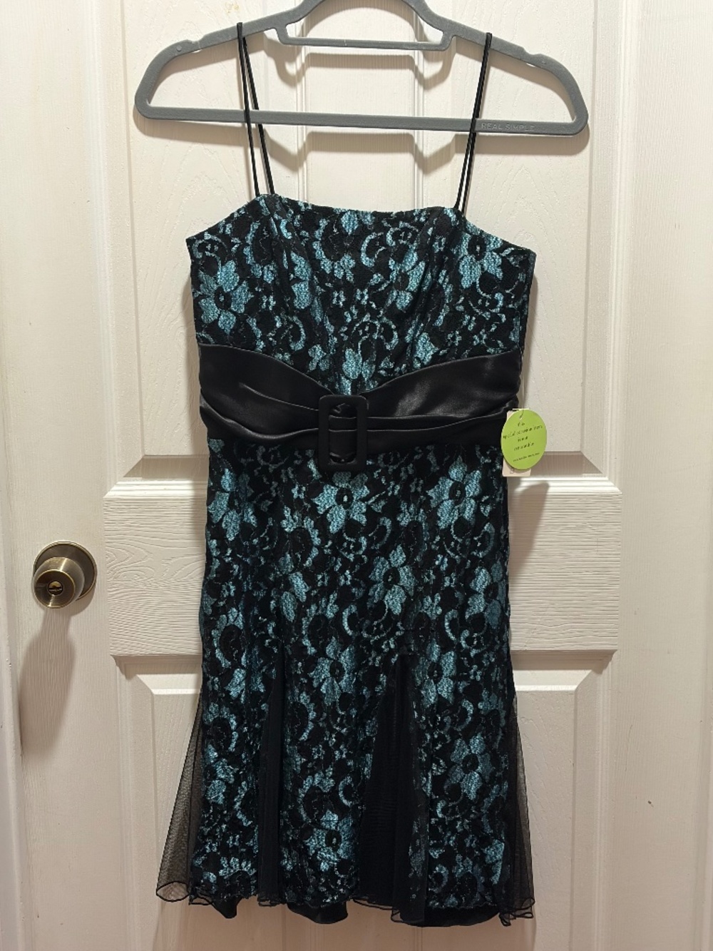 Teal (turquoise) with black lace dress